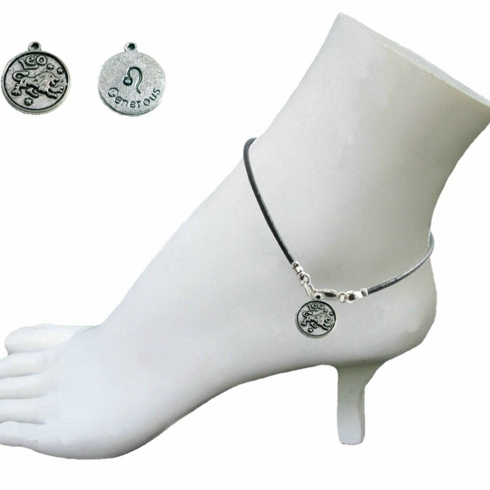 Black Leather Anklet ~ Leo Zodiac Charm
